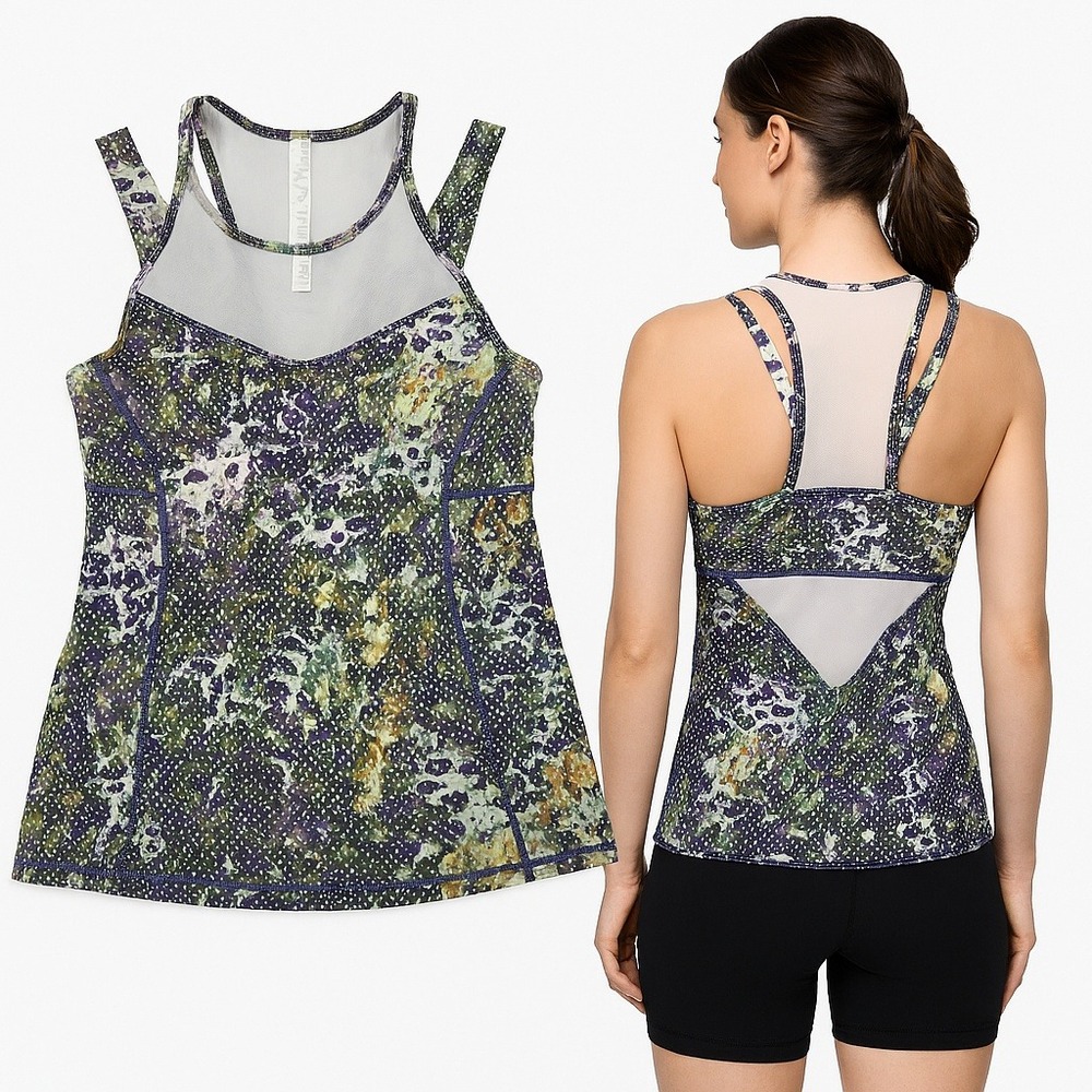 Lululemon‎ Tank Top 4 Floral Mesh Built In Bra Yoga Run Athleisure Festival